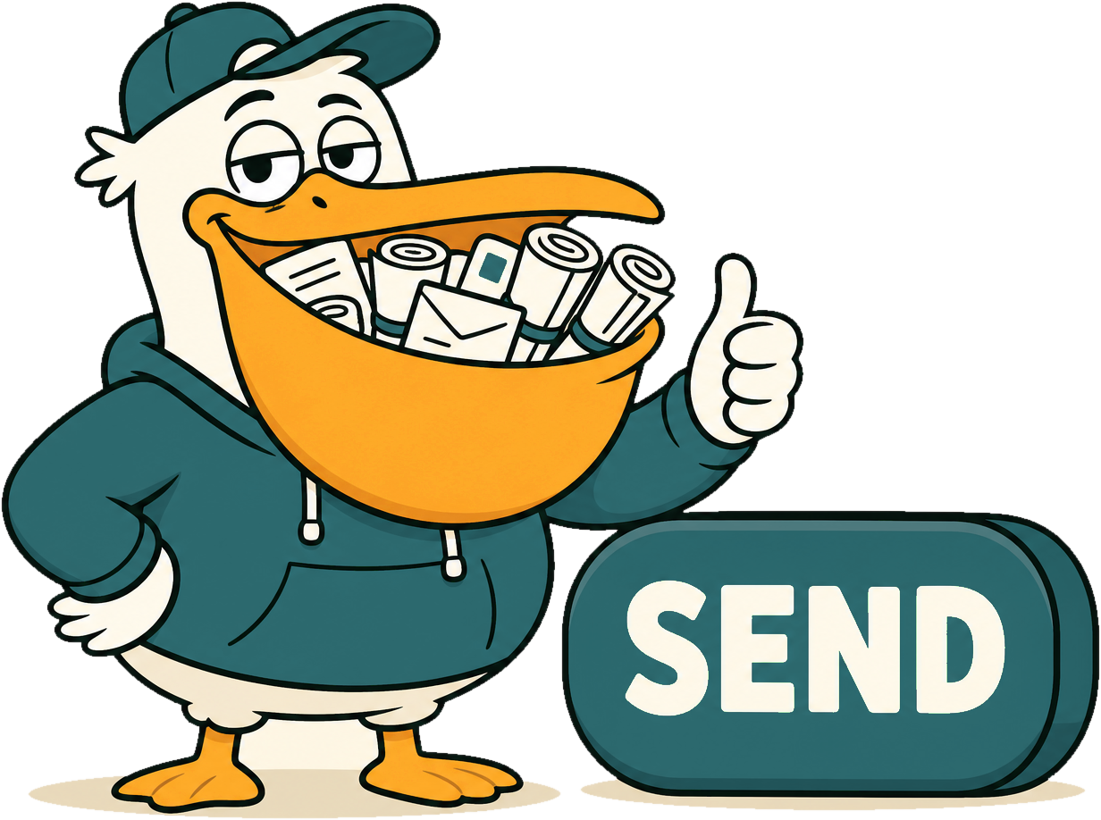 Gary the pelican by a SEND button